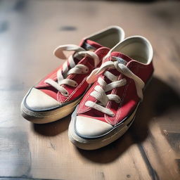 A pair of second-hand sneakers placed on a wooden floor