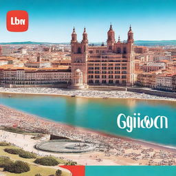 A vibrant YouTube thumbnail featuring the city of Gijón