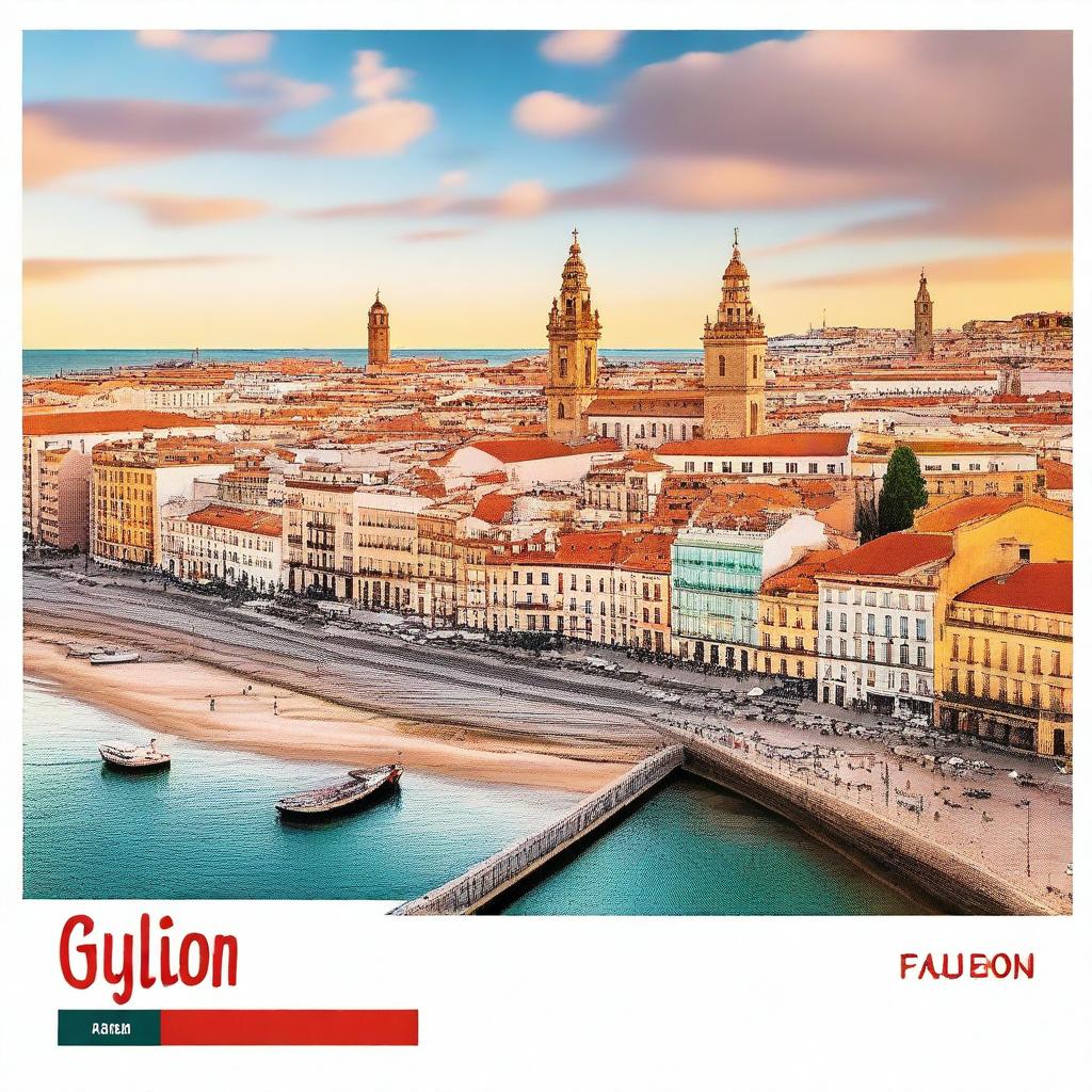 A vibrant YouTube thumbnail featuring the city of Gijón