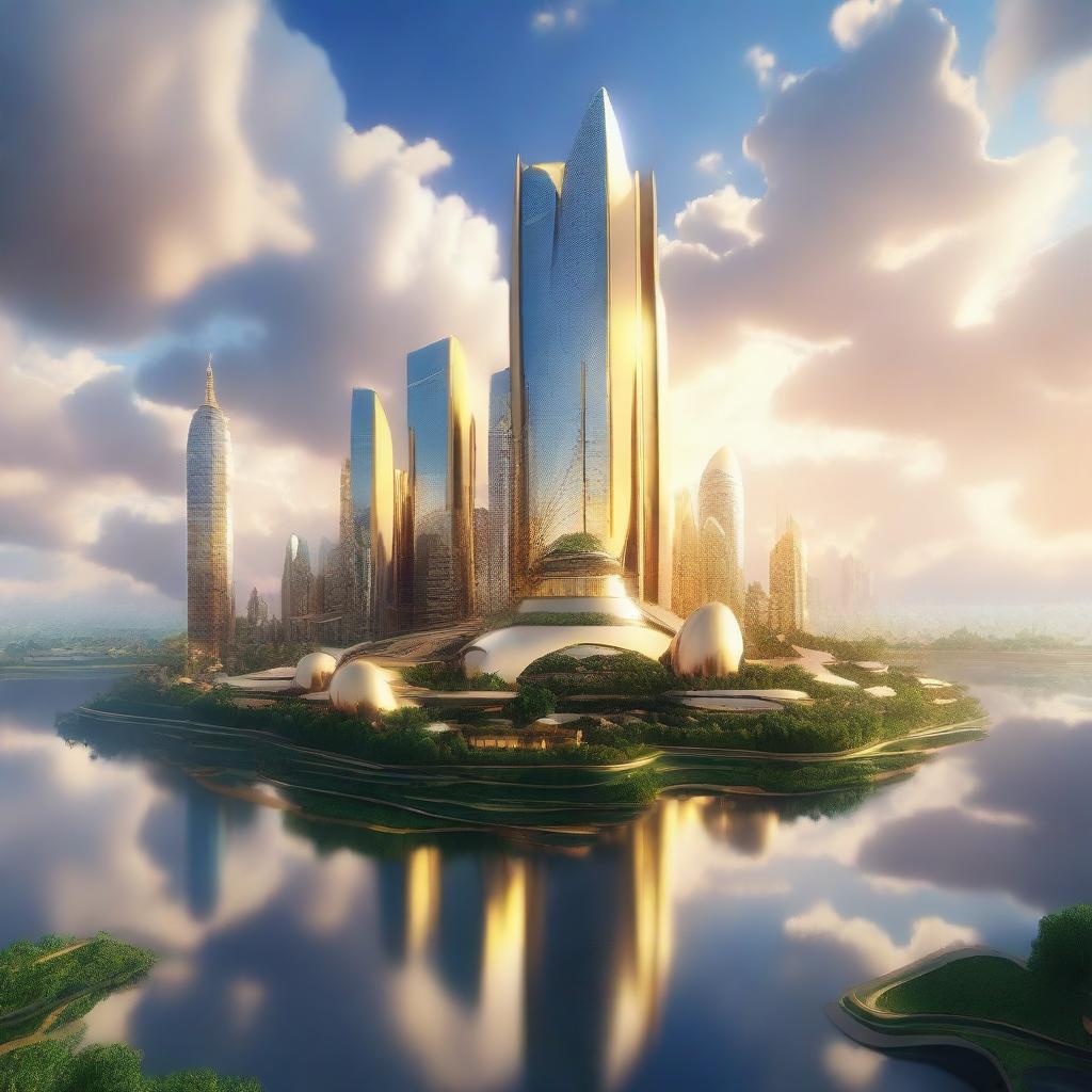 A breathtaking sky city floating among the clouds, with futuristic buildings and lush greenery