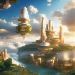 A breathtaking sky city floating among the clouds, with futuristic buildings and lush greenery