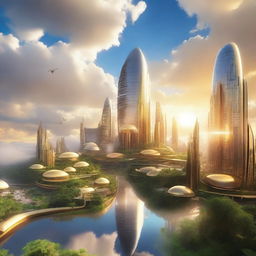 A breathtaking sky city floating among the clouds, with futuristic buildings and lush greenery