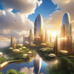 A breathtaking sky city floating among the clouds, with futuristic buildings and lush greenery