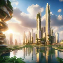 A breathtaking sky city floating among the clouds, with futuristic buildings and lush greenery