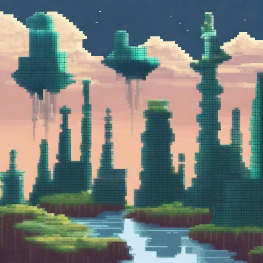 A pixel art depiction of a sky city floating among the clouds, with futuristic buildings and lush greenery