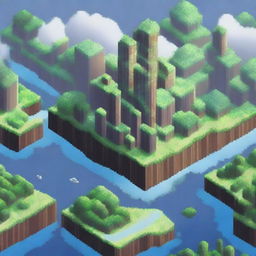 A pixel art depiction of a sky city floating among the clouds, with futuristic buildings and lush greenery