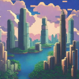 A pixel art depiction of a sky city floating among the clouds, with futuristic buildings and lush greenery