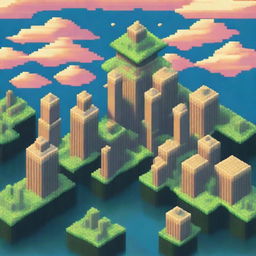 A pixel art depiction of a sky city floating among the clouds, with futuristic buildings and lush greenery