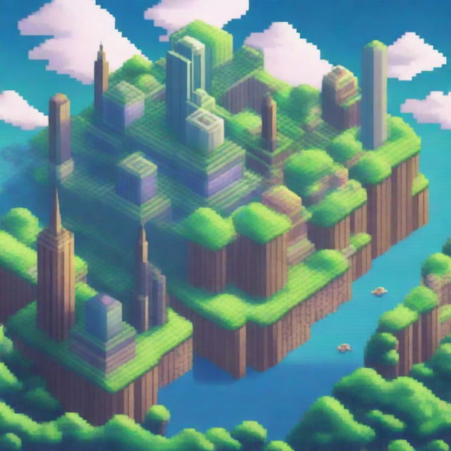 A 32-bit pixel art depiction of a sky island city floating among the clouds, with futuristic buildings and lush greenery