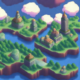 A 32-bit pixel art depiction of a sky island city floating among the clouds, with futuristic buildings and lush greenery