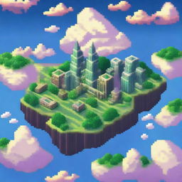 A 32-bit pixel art depiction of a sky island city floating among the clouds, with futuristic buildings and lush greenery