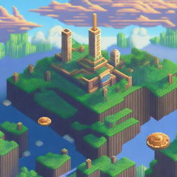 A 32-bit pixel art depiction of a sky island city floating among the clouds, with futuristic buildings and lush greenery