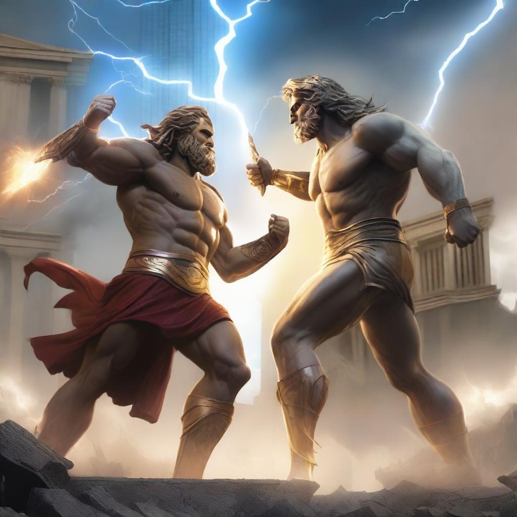 A dramatic scene depicting a clash between Greek mythology and the modern era