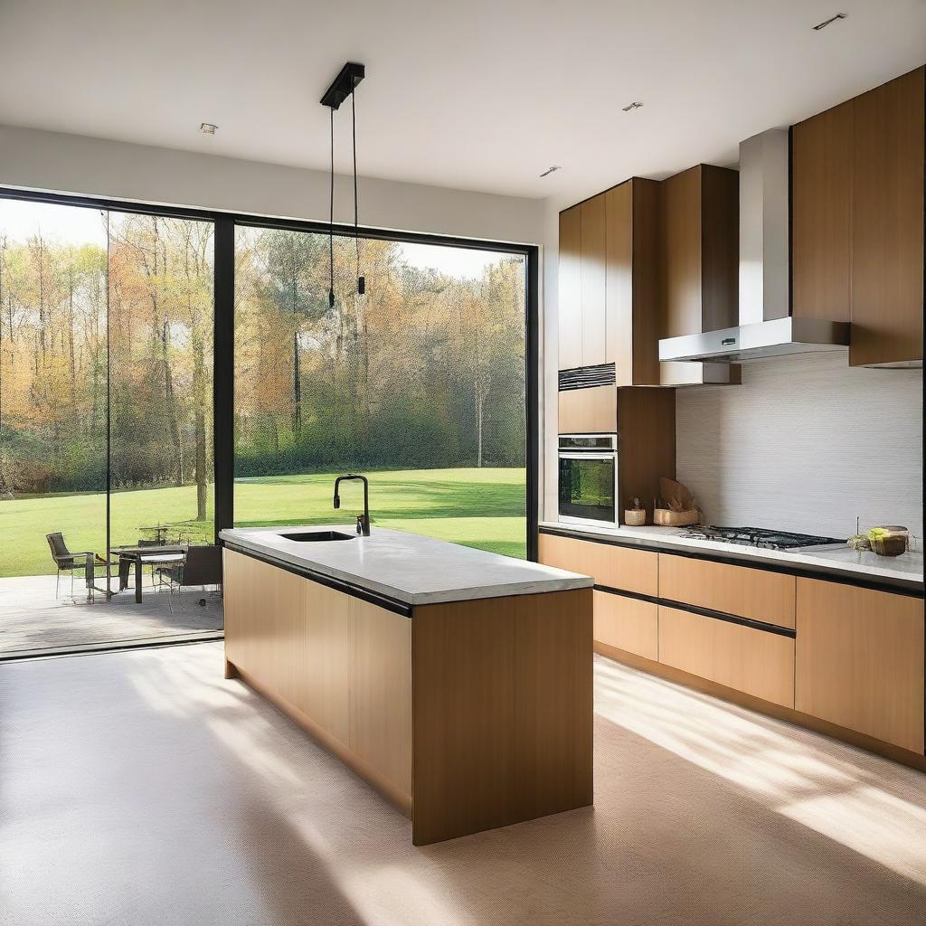 A modern kitchen with finishes similar to the exterior facade, featuring large windows