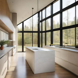 A modern kitchen with finishes similar to the exterior facade, featuring large windows