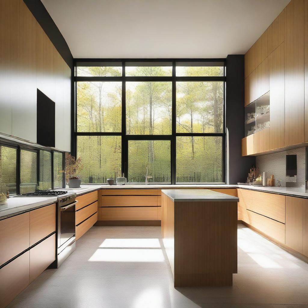 A modern kitchen with finishes similar to the exterior facade, featuring large windows