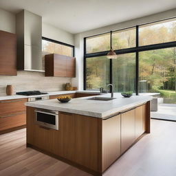 A modern kitchen with finishes similar to the exterior facade, featuring large windows