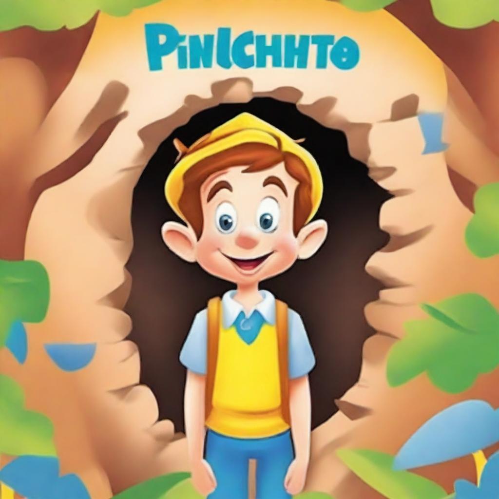Create a colorful and engaging book cover for kids featuring Pinocchio, the cartoon character, who lives in a cave with his family