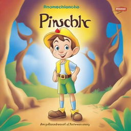 Create a colorful and engaging book cover for kids featuring Pinocchio, the cartoon character, who lives in a cave with his family