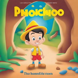 Create a colorful and engaging book cover for kids featuring Pinocchio, the cartoon character, who lives in a cave with his family