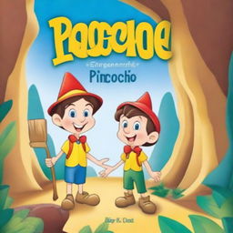 Create a colorful and engaging book cover for kids featuring Pinocchio, the cartoon character, who lives in a cave with his family