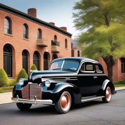 A 1939 black Chevrolet Coupe with copper wheel rims and no front bumper