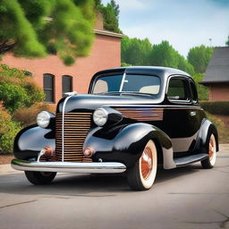 A 1939 black Chevrolet Coupe with copper wheel rims and no front bumper