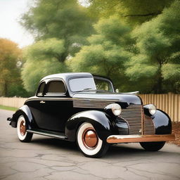 A 1939 black Chevrolet Coupe with copper wheel rims and no front bumper