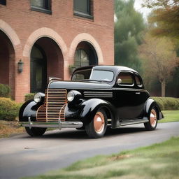 A 1939 black Chevrolet Coupe with copper wheel rims and no front bumper