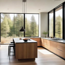 A modern kitchen with finishes similar to the exterior facade, featuring large windows