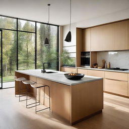 A modern kitchen with finishes similar to the exterior facade, featuring large windows