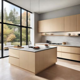 A modern kitchen with finishes similar to the exterior facade, featuring large windows