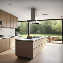 A modern kitchen with finishes similar to the exterior facade, featuring large windows