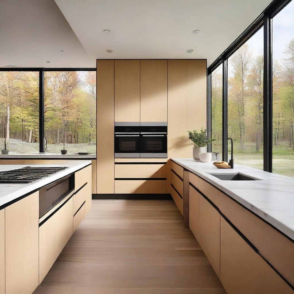 A modern kitchen with finishes similar to the exterior facade, featuring large windows