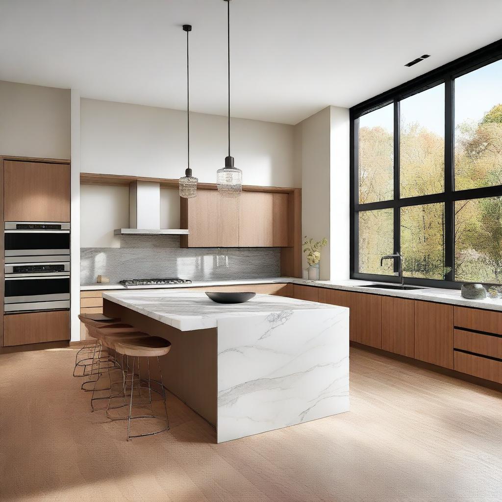 A modern kitchen with finishes similar to the exterior facade, featuring large windows