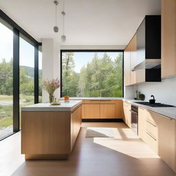 A modern kitchen with finishes similar to the exterior facade, featuring large windows