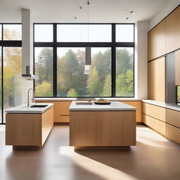 A modern kitchen with finishes similar to the exterior facade, featuring large windows