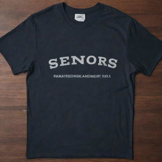 A 3D designed shirt in dark colors with the text 'Seniors' prominently featured on it.