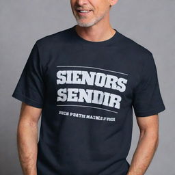 A 3D designed shirt in dark colors with the text 'Seniors' prominently featured on it.