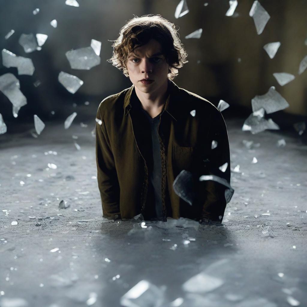 Evan Peters standing amidst shards of broken glass scattered on the ground, with a somber expression on his face