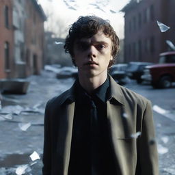 Evan Peters standing amidst shards of broken glass scattered on the ground, with a somber expression on his face