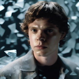 Evan Peters standing amidst shards of broken glass scattered on the ground, with a somber expression on his face