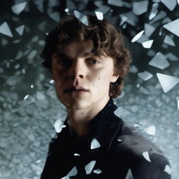 Evan Peters standing amidst shards of broken glass scattered on the ground, with a somber expression on his face