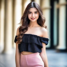 A beautiful and confident young woman, 19 years old, posing elegantly in a fashionable outfit
