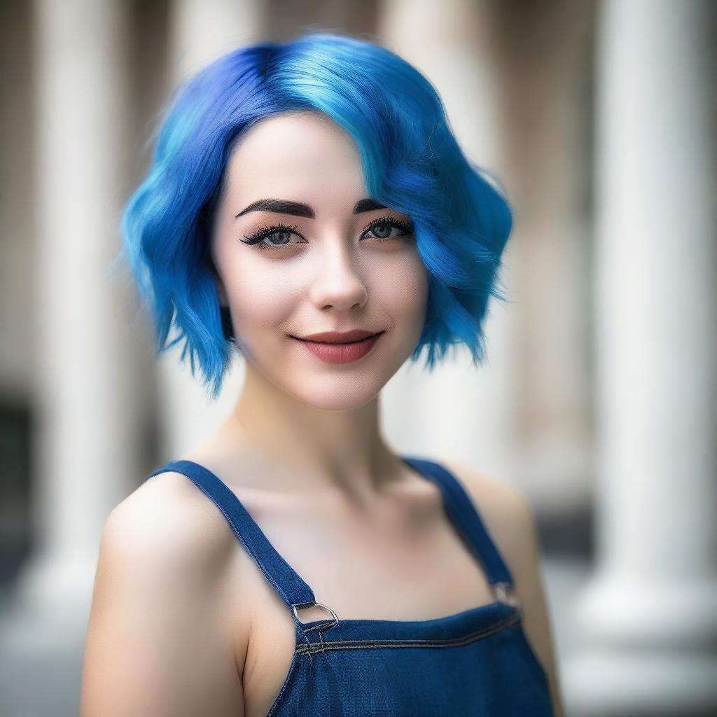 A beautiful and confident young woman, 19 years old, with striking blue hair, posing elegantly in a fashionable outfit