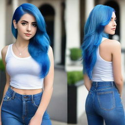 A beautiful and confident young woman, 19 years old, with striking blue hair, posing elegantly in a fashionable outfit