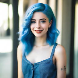 A beautiful and confident young woman, 19 years old, with striking blue hair, posing elegantly in a fashionable outfit