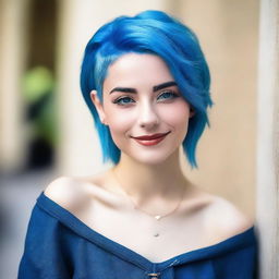 A beautiful and confident young woman, 19 years old, with striking blue hair, posing elegantly in a fashionable outfit