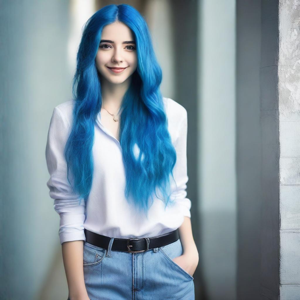 A beautiful and confident young woman, 19 years old, with striking long blue hair, posing elegantly in a fashionable outfit