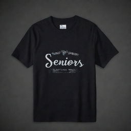 A 3D designed shirt in dark colors with the text 'Seniors' prominently featured on it.